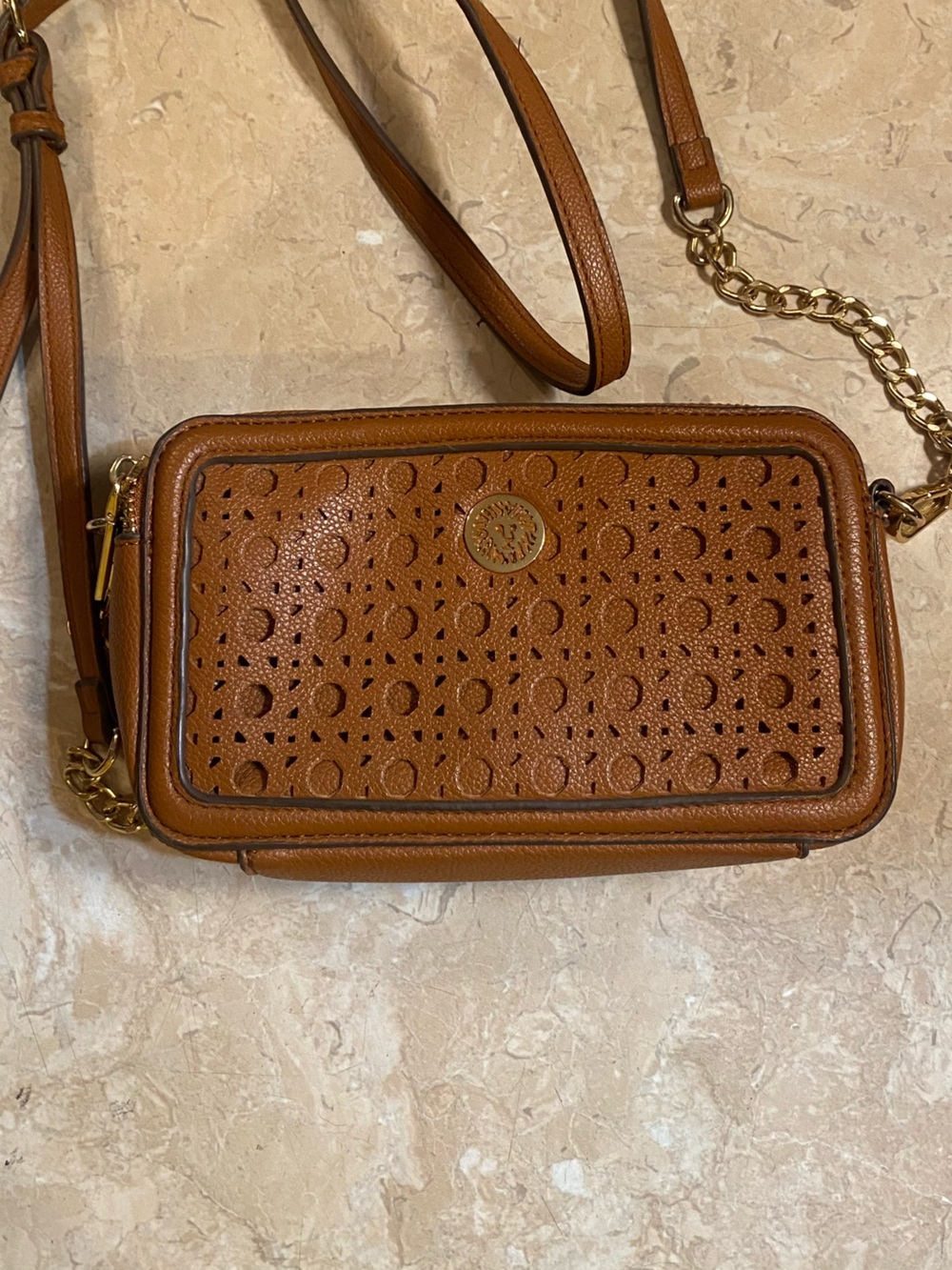 Anne Klein Cognac Perforated Leather Crossbody with Gold Chain